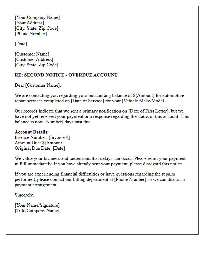 Second Notification Letter for Overdue Automotive Repair Account