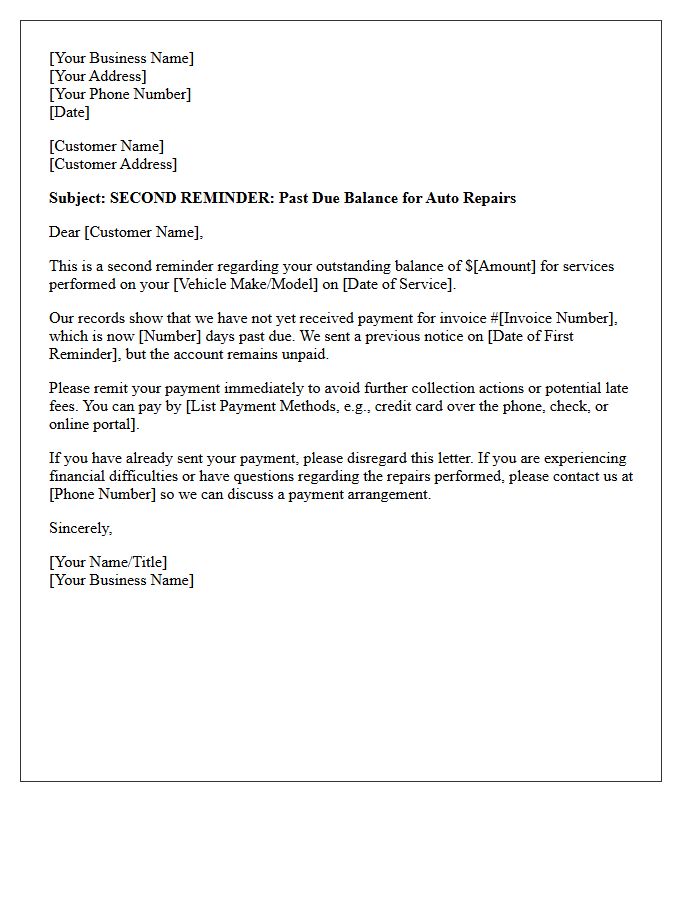 Second Reminder Letter for Past Due Auto Repair Balance