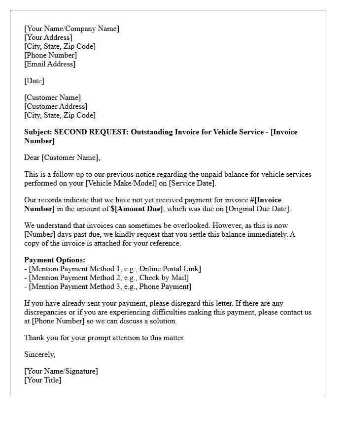 Second Request Letter for Unpaid Vehicle Service Invoice