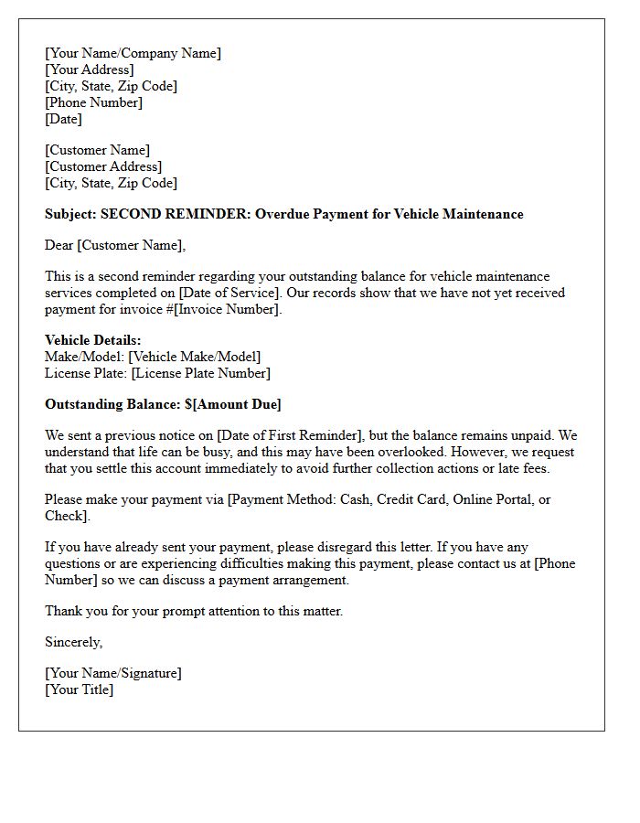 Unpaid Vehicle Maintenance Second Reminder Letter