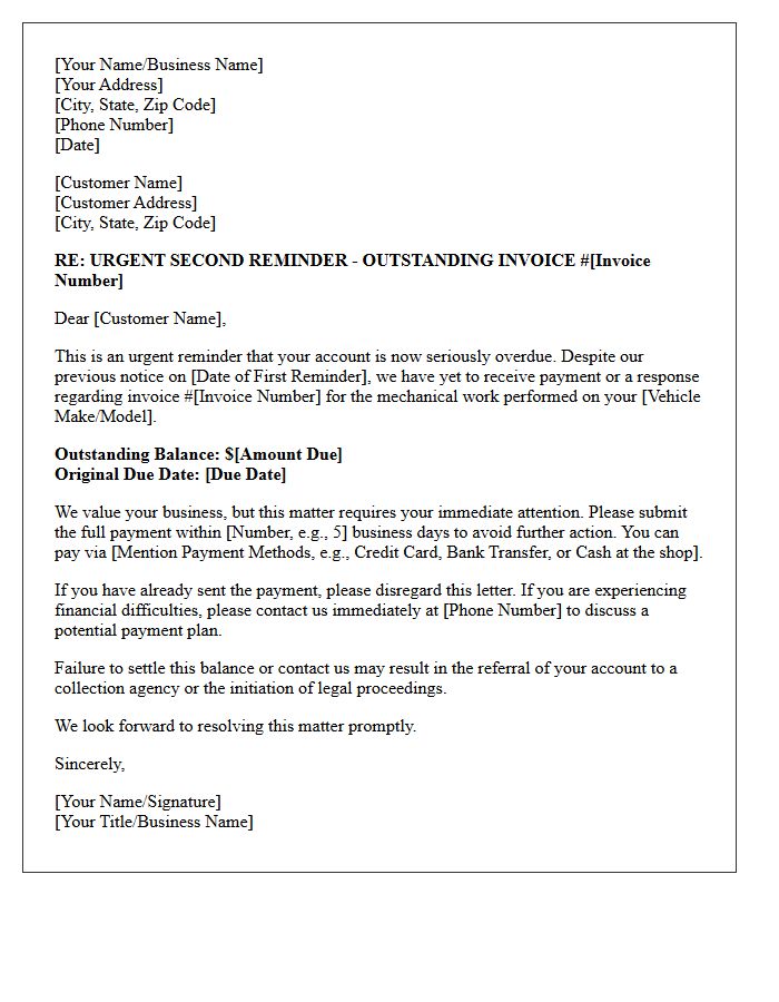 Urgent Second Reminder Letter for Outstanding Mechanic Bill