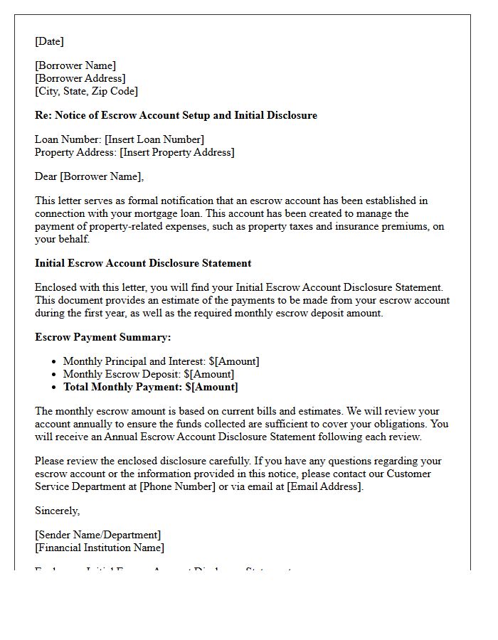 Escrow Account Setup and Initial Disclosure Confirmation Letter