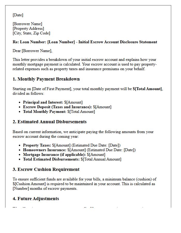 Initial Escrow Account Breakdown and Payment Explanation Letter