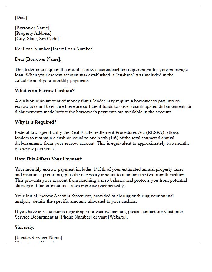 Initial Escrow Account Cushion Requirement Explanation Letter