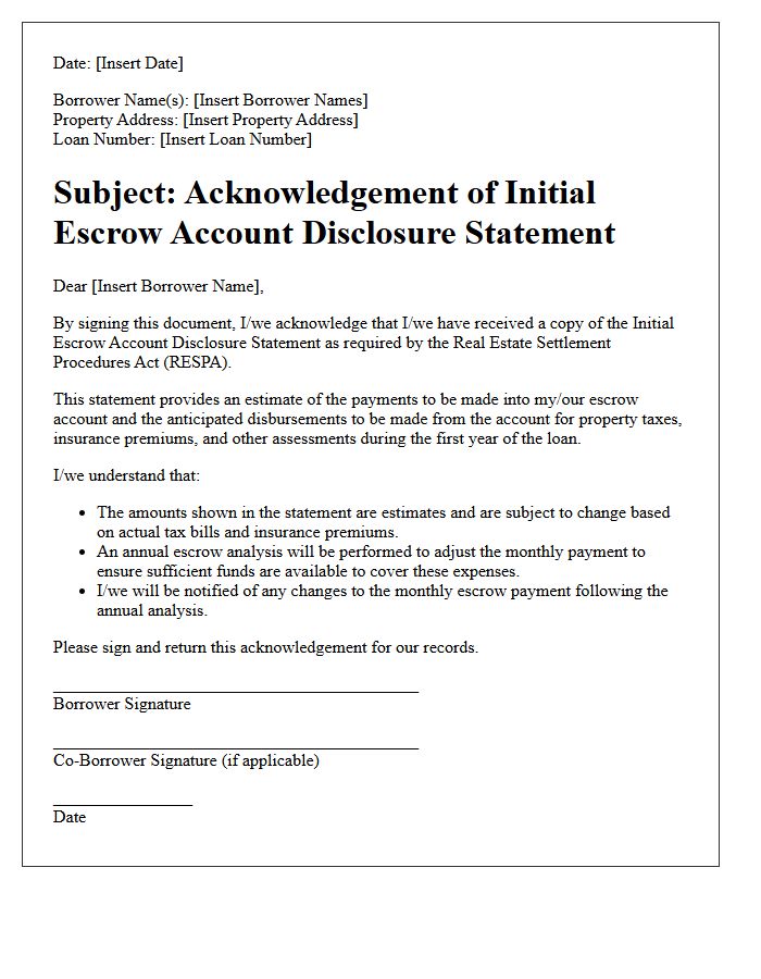 Initial Escrow Account Disclosure Statement Acknowledgement Letter
