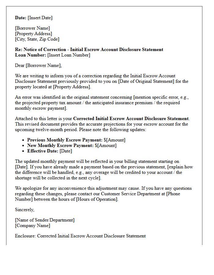 Initial Escrow Account Disclosure Statement Correction Letter