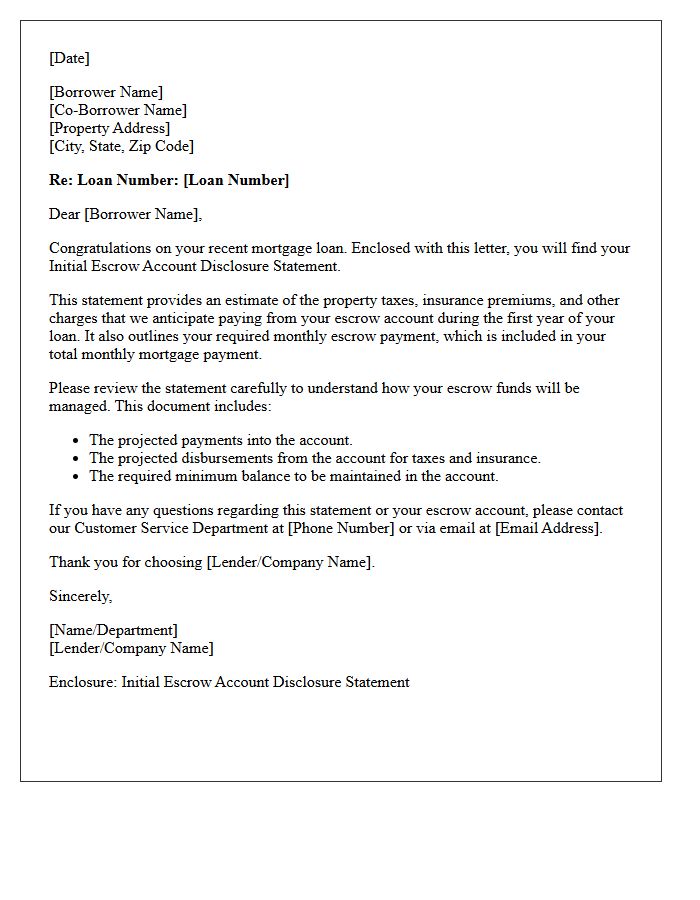 Initial Escrow Account Disclosure Statement Cover Letter