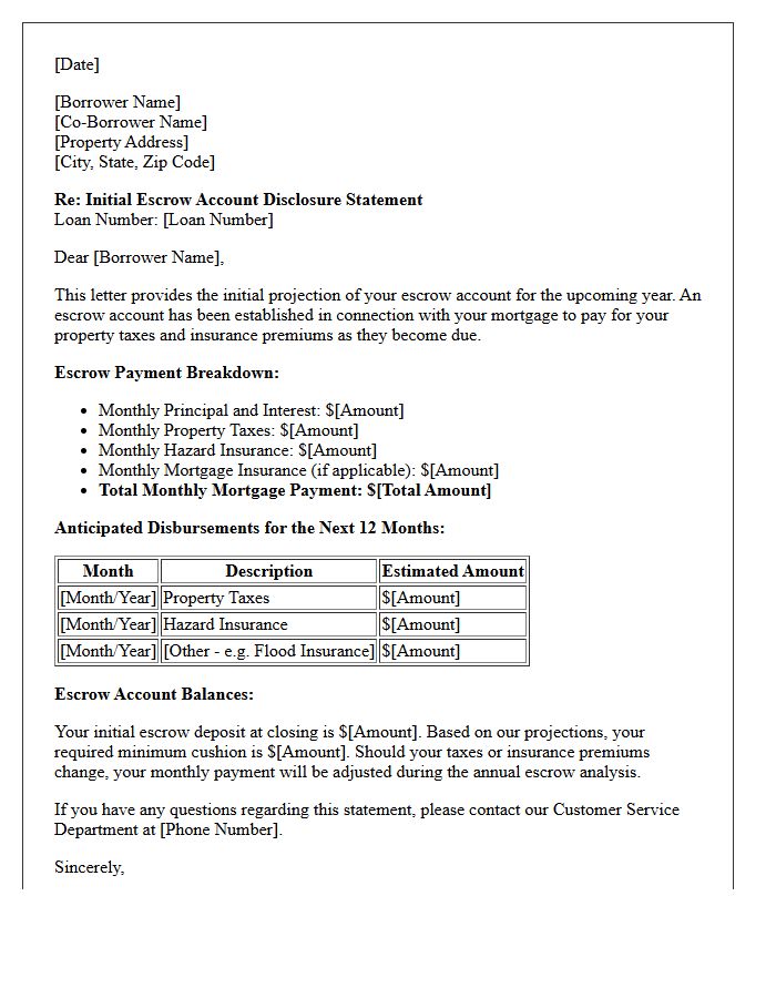 Initial Escrow Account Tax and Insurance Allocation Letter