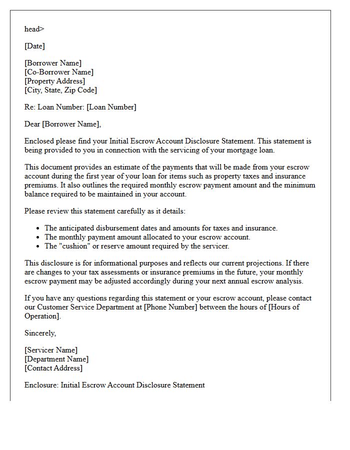 Mortgage Servicing Initial Escrow Account Disclosure Transmittal Letter