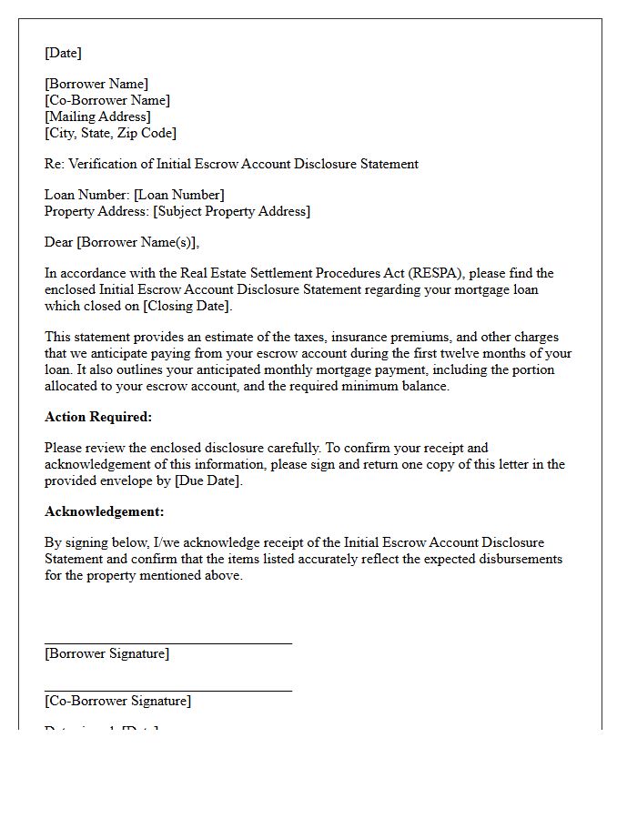 Post-Closing Initial Escrow Account Disclosure Verification Letter