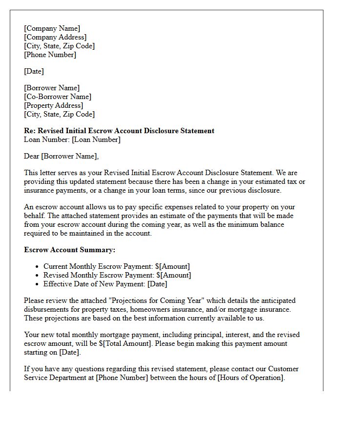 Revised Initial Escrow Account Disclosure Statement Letter