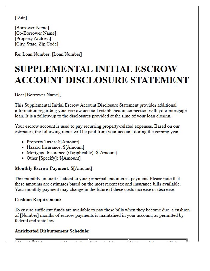 Supplemental Initial Escrow Account Disclosure Information Letter