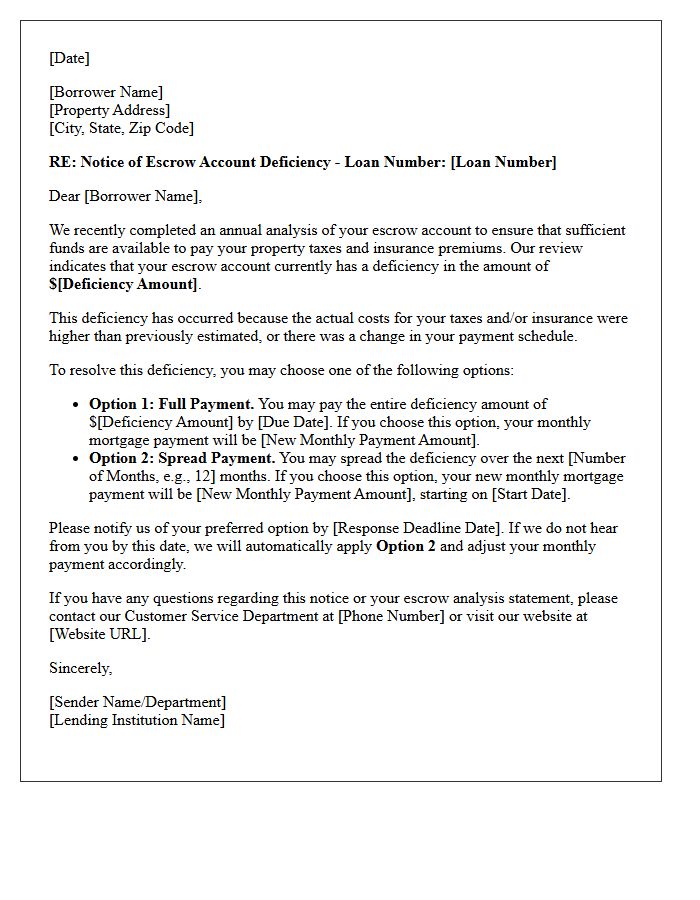 Escrow Account Deficiency Notice Letter