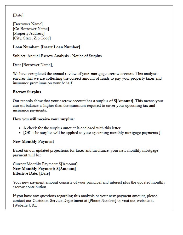 Annual Mortgage Escrow Analysis Surplus Letter
