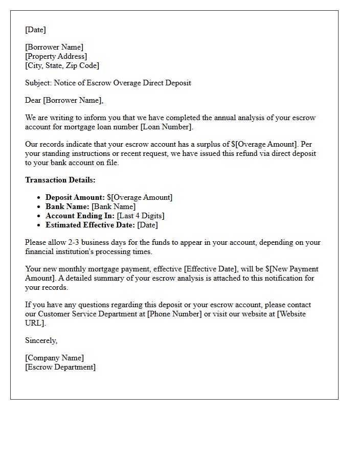 Escrow Overage Direct Deposit Notification Letter