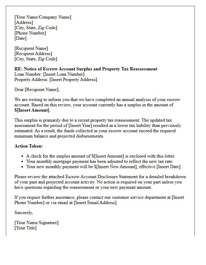 Letter of Escrow Account Surplus and Tax Reassessment