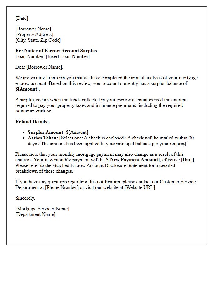 Mortgage Escrow Balance Surplus Notification Letter