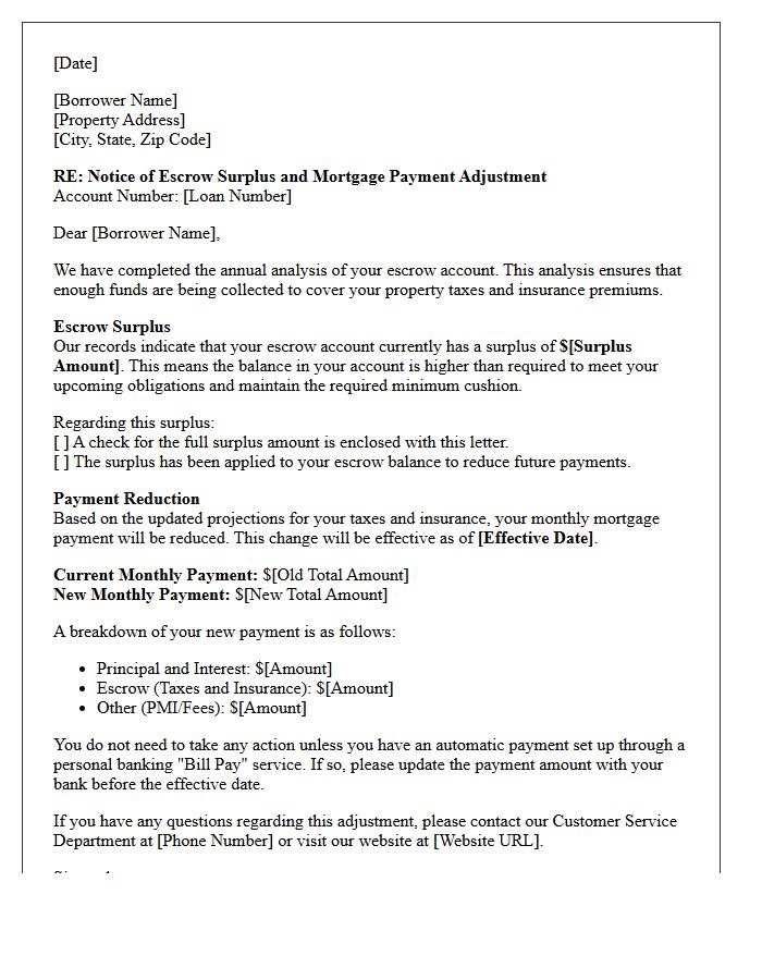 Notice of Escrow Surplus and Payment Reduction Letter