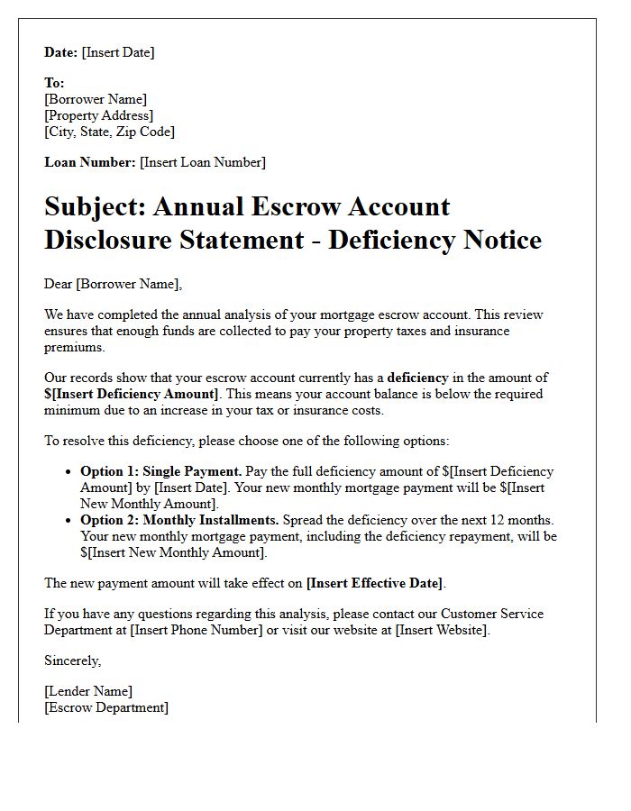 Annual Mortgage Escrow Account Deficiency Letter