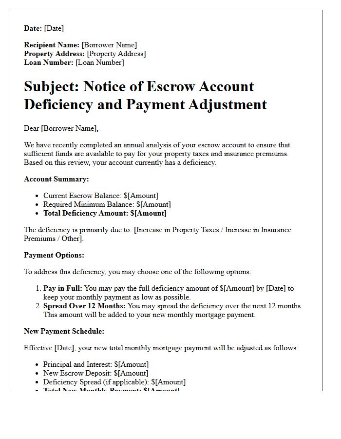 Escrow Account Deficiency and Payment Adjustment Letter