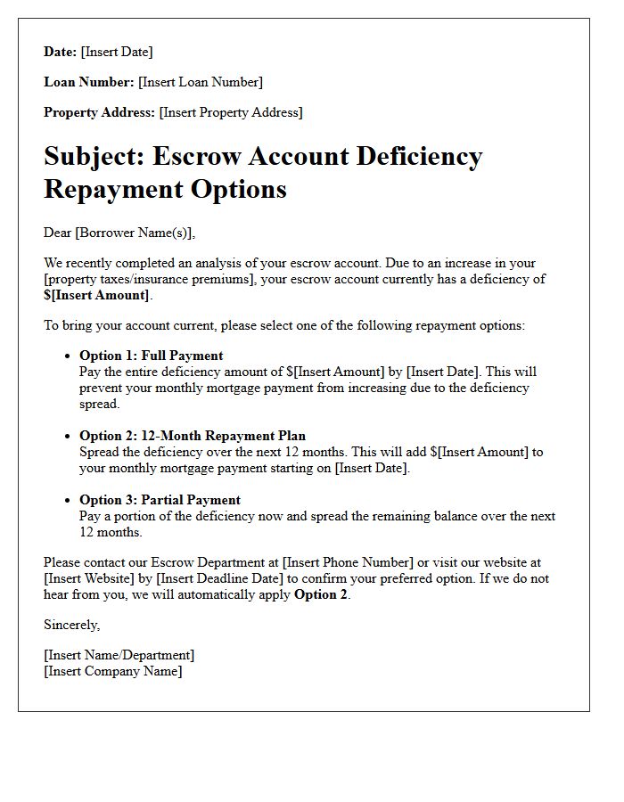 Escrow Account Deficiency Repayment Option Letter