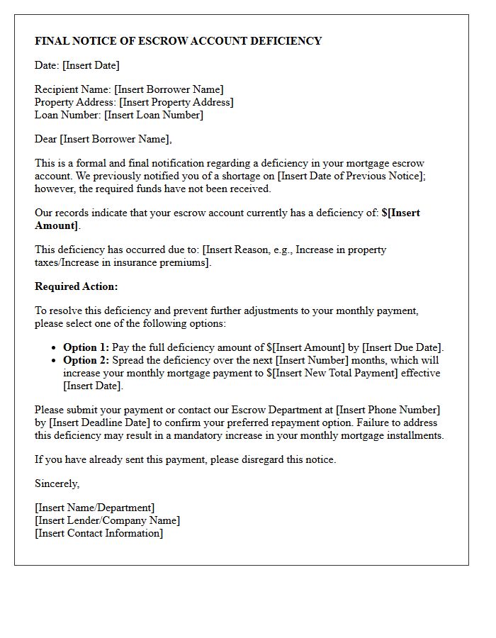 Final Notice of Escrow Account Deficiency Letter