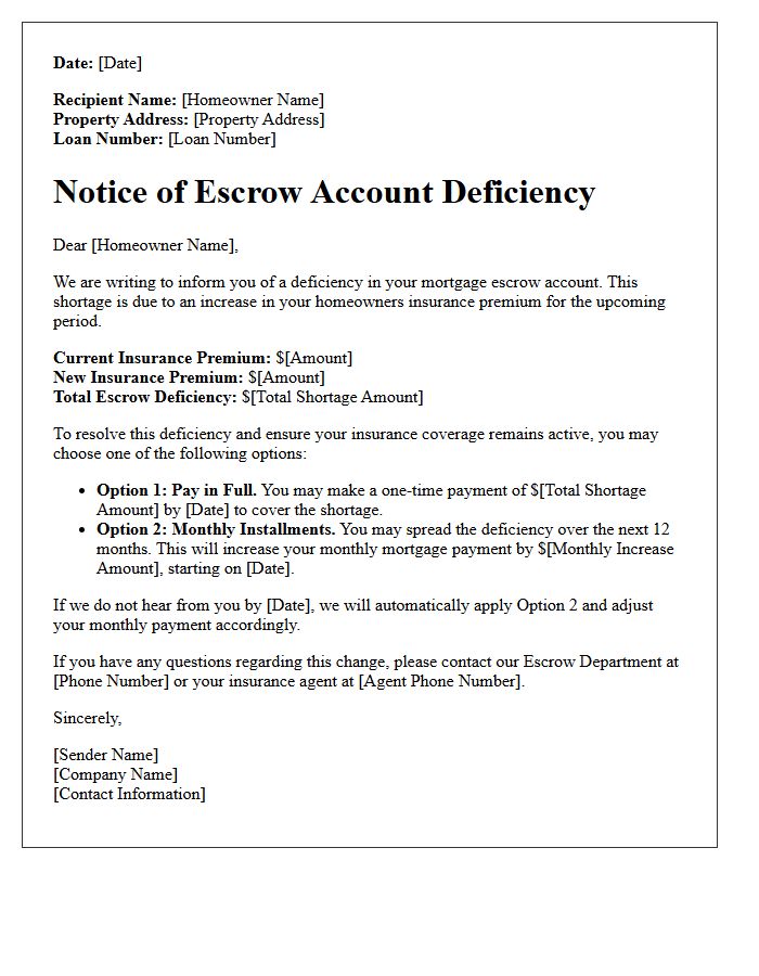 Homeowners Insurance Premium Escrow Account Deficiency Letter