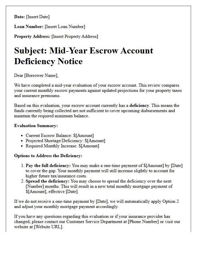 Mid-Year Escrow Account Deficiency Evaluation Letter