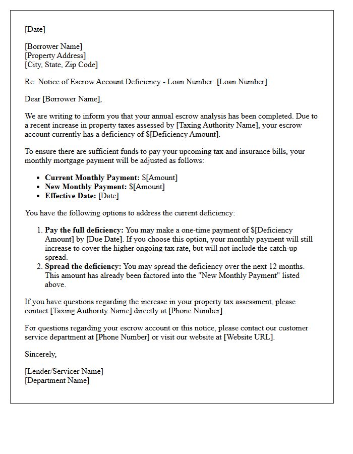 Property Tax Increase Escrow Account Deficiency Letter