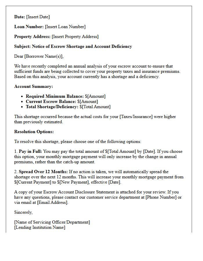Shortage and Escrow Account Deficiency Disclosure Letter