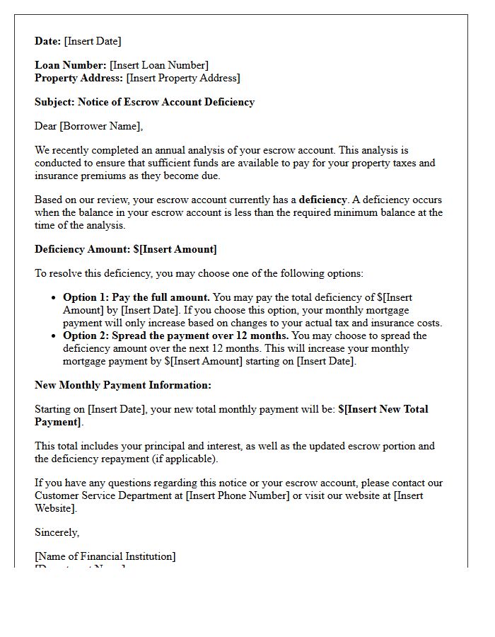 Standard Notice of Escrow Account Deficiency Letter