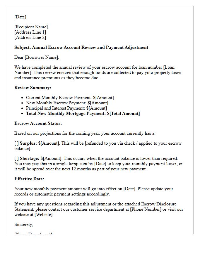 Annual Escrow Account Review and Payment Adjustment Letter