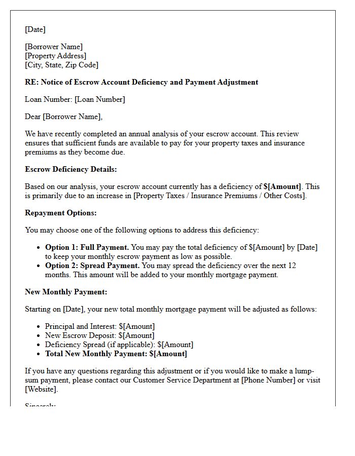 Escrow Account Deficiency Repayment and Adjustment Letter