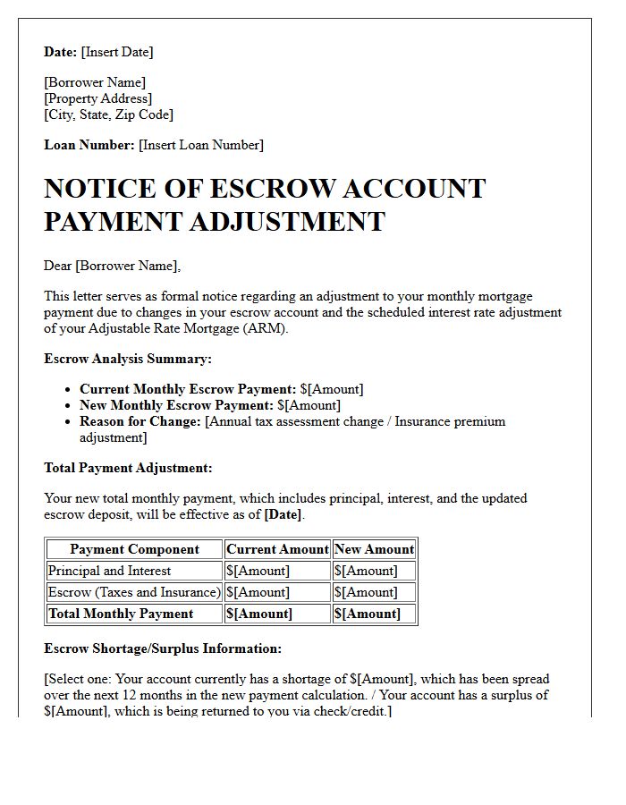 Escrow Account Payment Adjustment Notice Letter for Adjustable Rate Mortgages