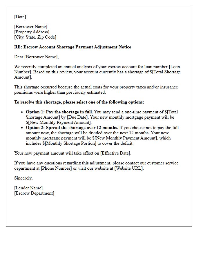 Escrow Account Shortage Payment Adjustment Notice Letter