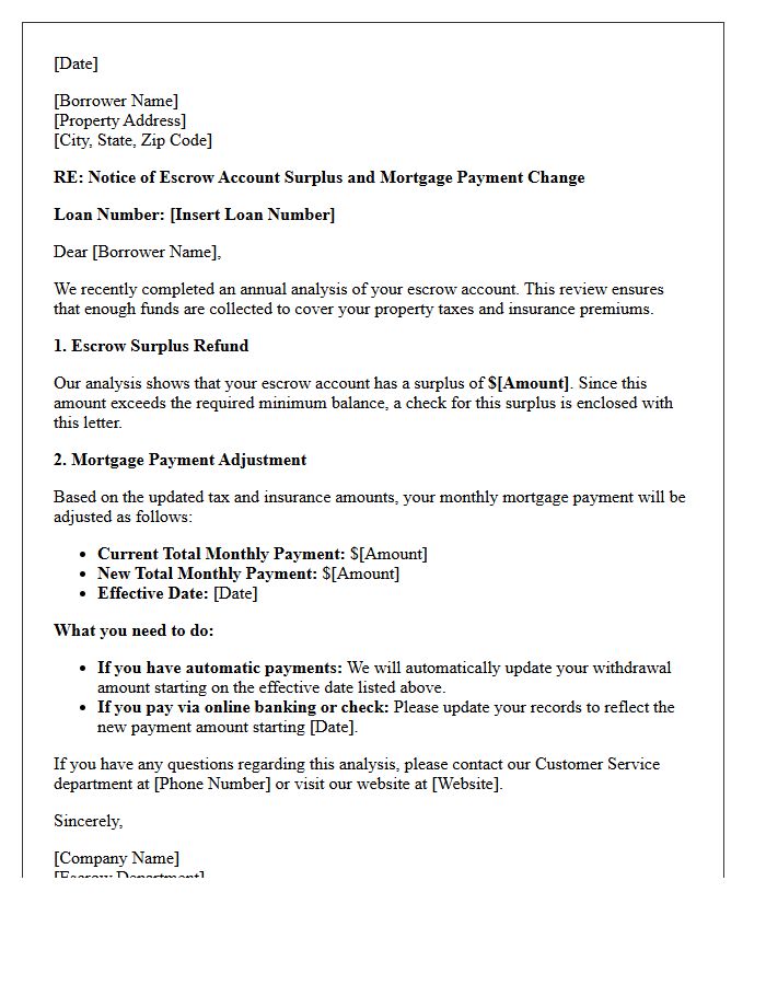 Escrow Account Surplus Refund and Payment Adjustment Letter