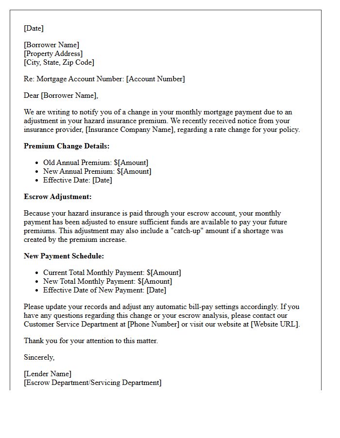 Hazard Insurance Rate Change Escrow Payment Adjustment Letter