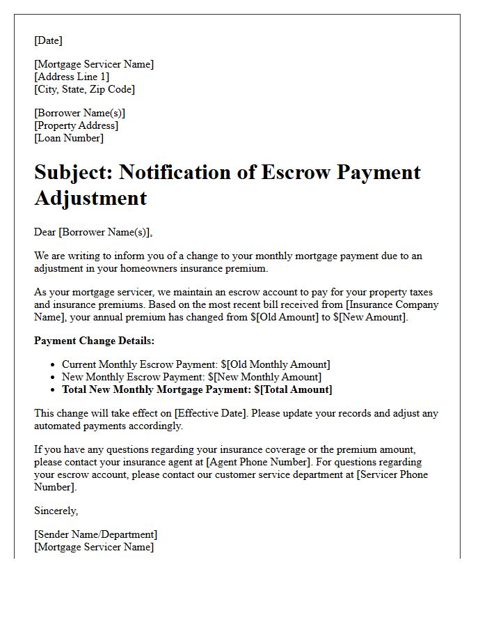 Homeowners Insurance Premium Escrow Payment Adjustment Letter