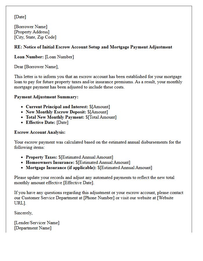 Initial Escrow Account Setup and Payment Adjustment Letter