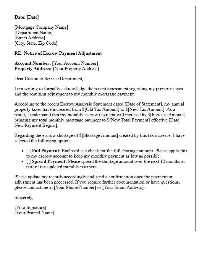 Property Tax Increase Escrow Payment Adjustment Letter