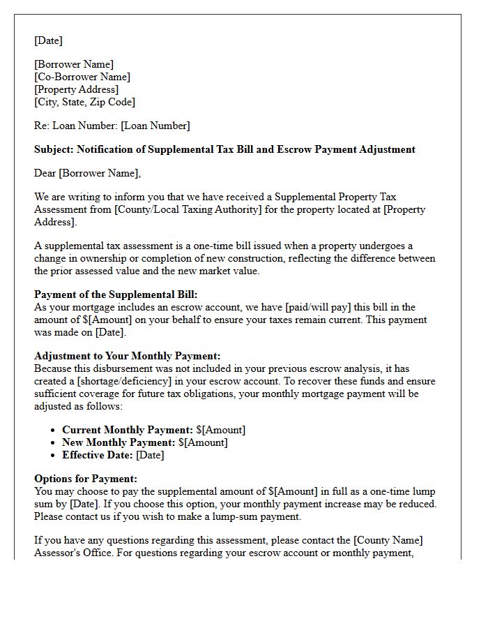 Supplemental Tax Assessment Escrow Payment Adjustment Letter