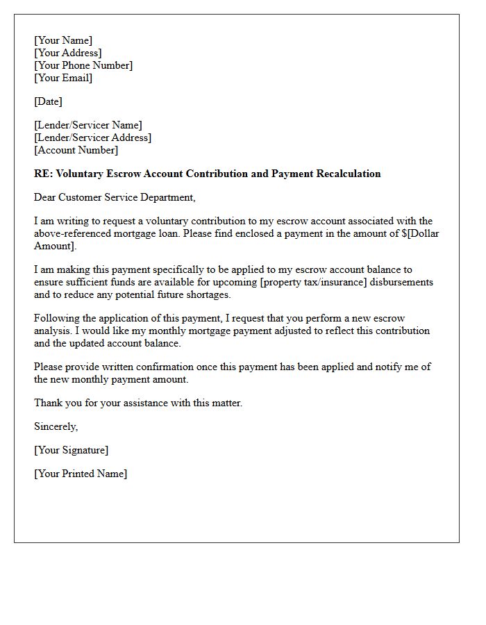 Voluntary Escrow Account Contribution and Payment Adjustment Letter