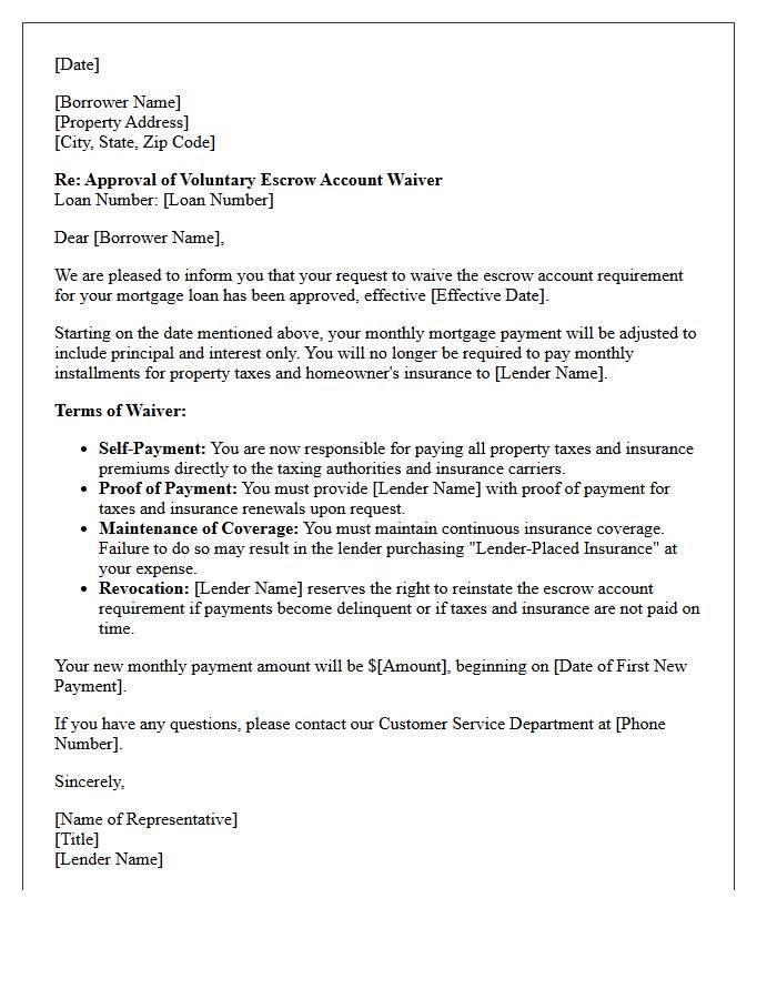 Approval Letter for Voluntary Escrow Account Waiver