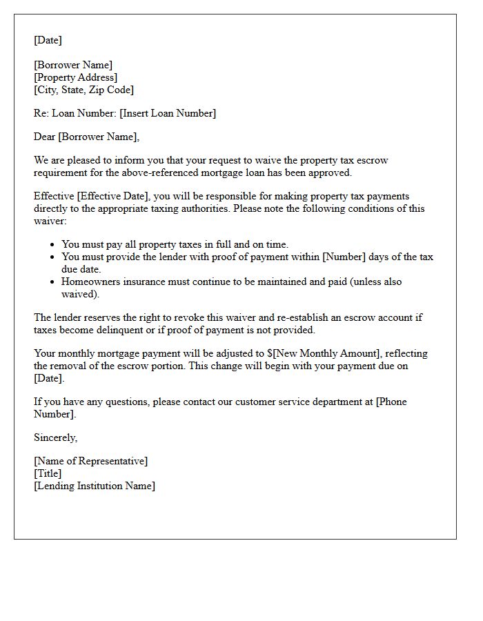 Letter of Approval for Property Tax Escrow Waiver