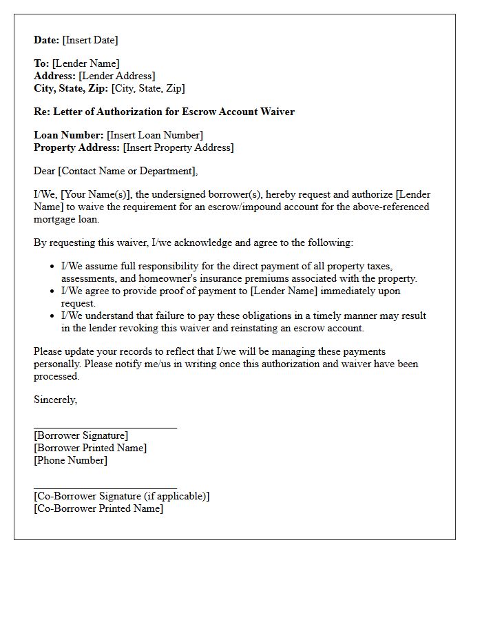 Letter of Authorization for Escrow Account Waiver