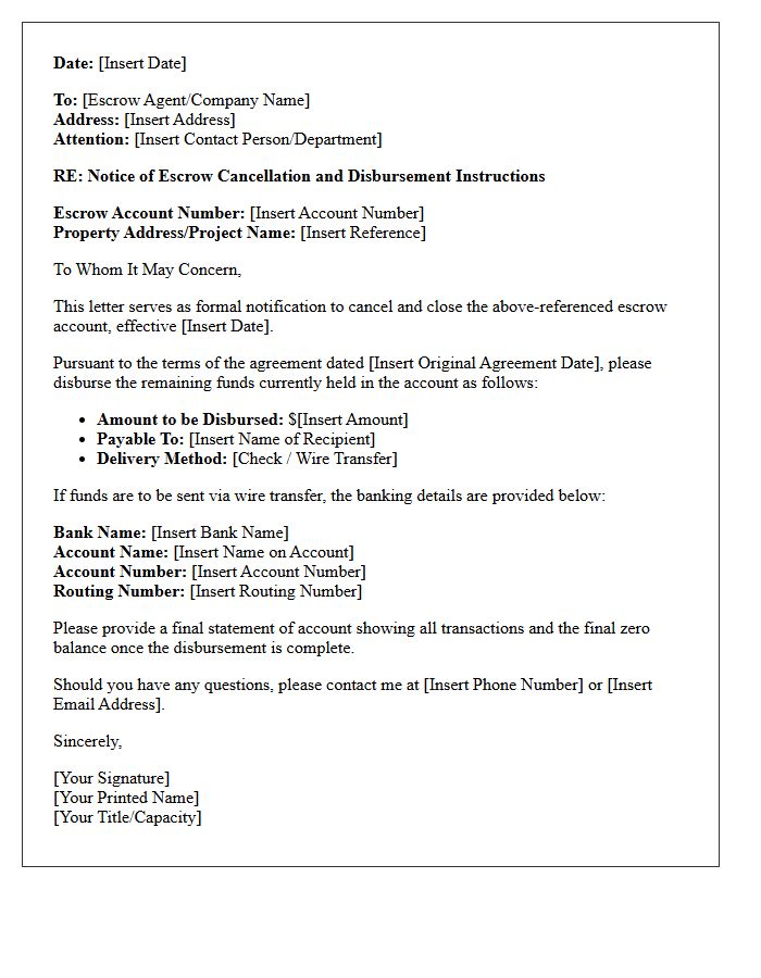 Escrow Account Cancellation and Disbursement Letter