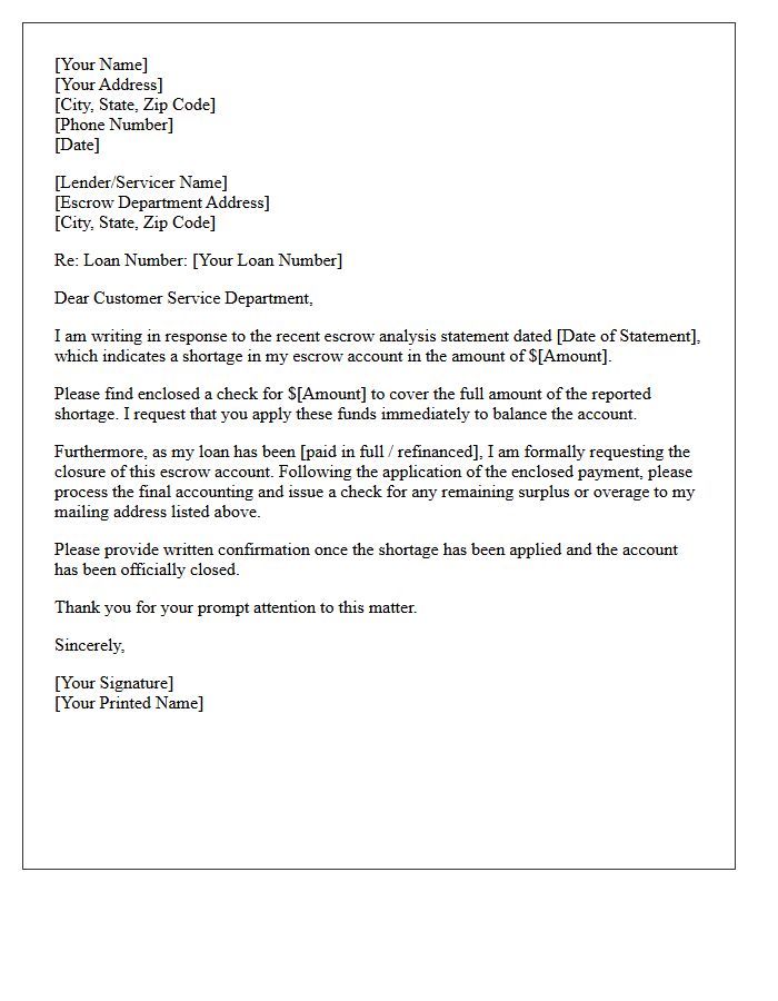 Escrow Shortage and Account Closure Letter