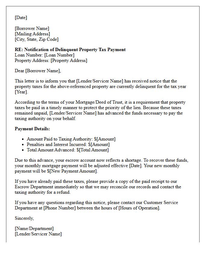Delinquent Property Tax Escrow Payment Notification Letter