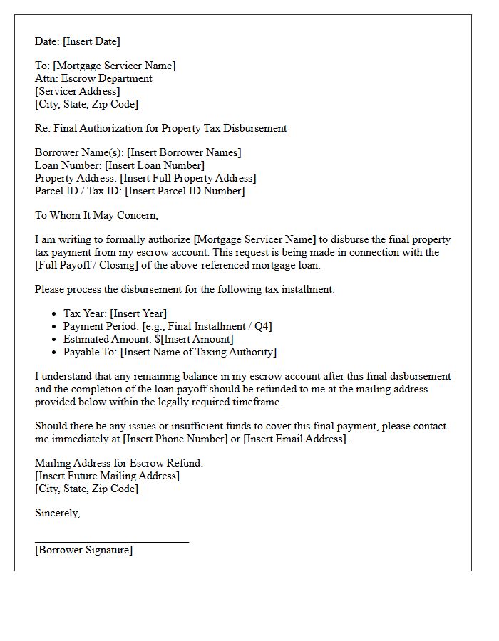 Final Property Tax Escrow Disbursement Authorization Letter