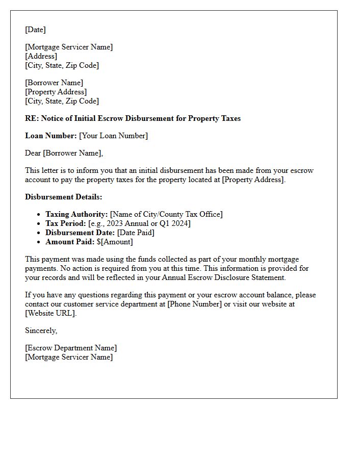 Initial Escrow Disbursement for Property Taxes Letter